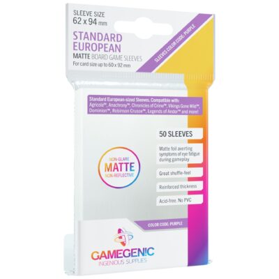 Matte Standard European sized clear board game Sleeves, front of packaging