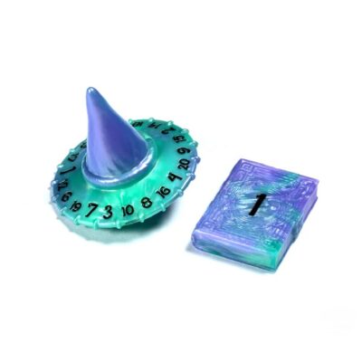 blue-violet character dice d20 Wizard Hat and d2 Spellbook