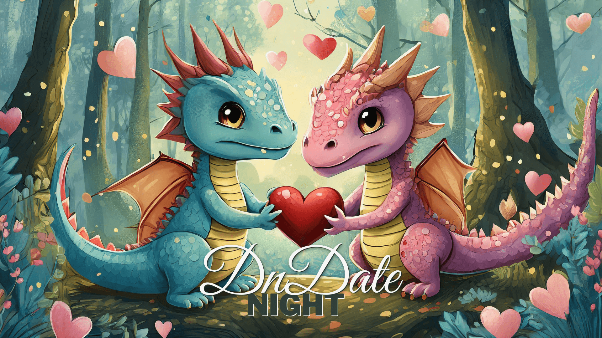 DnDate Night, two dragons holding a Valentines Day heart