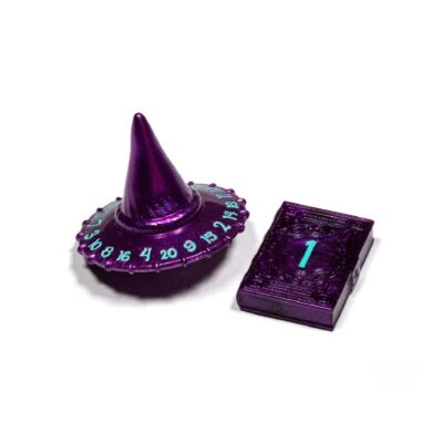 Purple character dice d20 Wizard Hat and d2 Spellbook